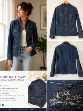 Vintage Denim Utility Jean Jacket Structured Military Style, Fitted, 90s Fitted